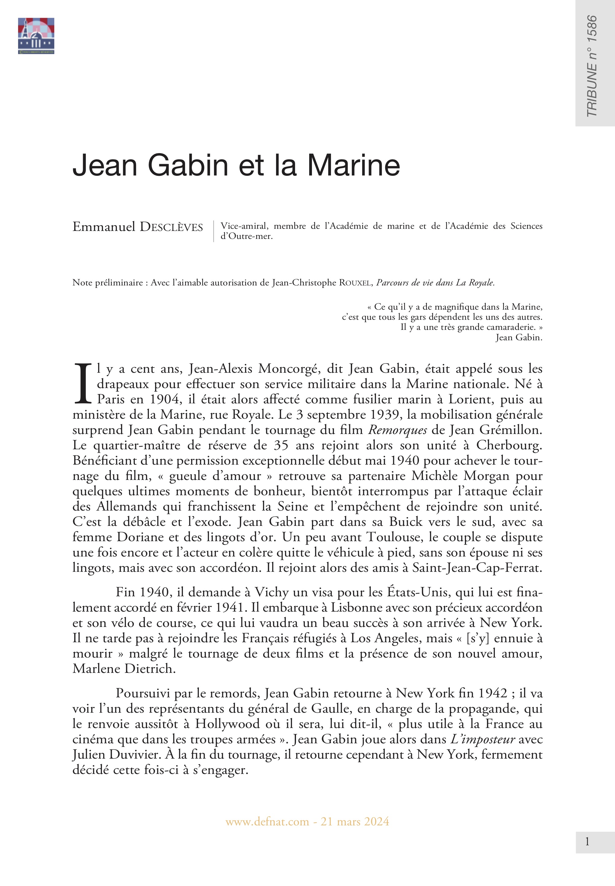 Histoire – Jean Gabin et la Marine (T 1586)
